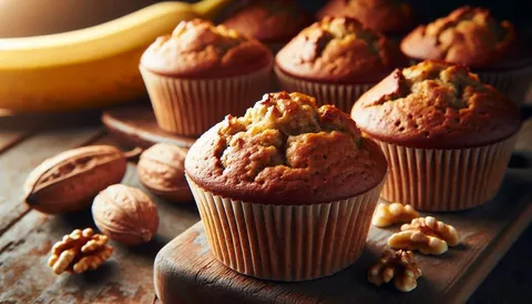 Vegane Bananenbrot-Muffins mit Bananenscheiben obenauf