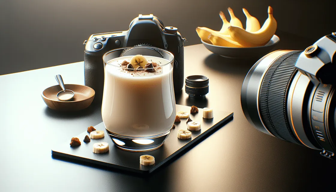 Glas cremige Bananenmilch mit Strohhalm und Bananenscheiben
