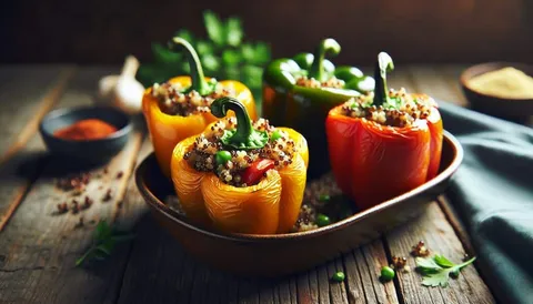 Gefüllte Paprikaschoten mit Quinoa und Käse überbacken in einer Auflaufform