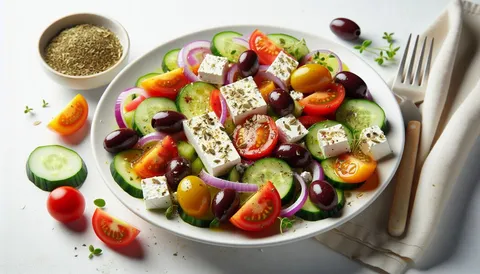 Griechischer Salat mit Tomaten, Gurke, roten Zwiebeln, Oliven und einem Stück Feta in einer weißen Schüssel