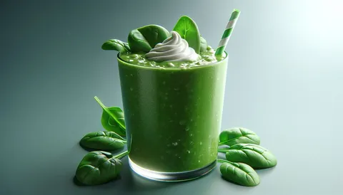 Glas grüner Smoothie mit Spinat, daneben frische Blätter und Apfel