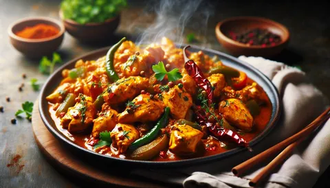 Hähnchen-Curry mit Kokosmilch, Paprika und Reis in einer Schüssel