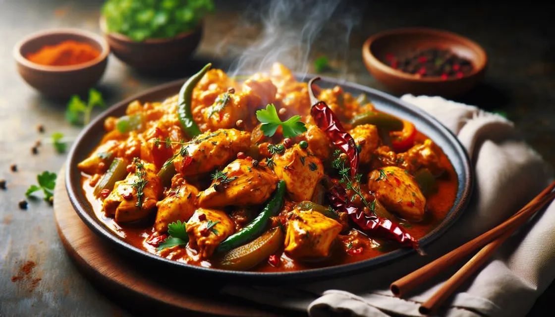 Hähnchen-Curry mit Kokosmilch, Paprika und Reis in einer Schüssel