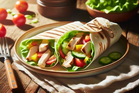 Salatblätter gefüllt mit cremigem Hähnchensalat und Gemüse