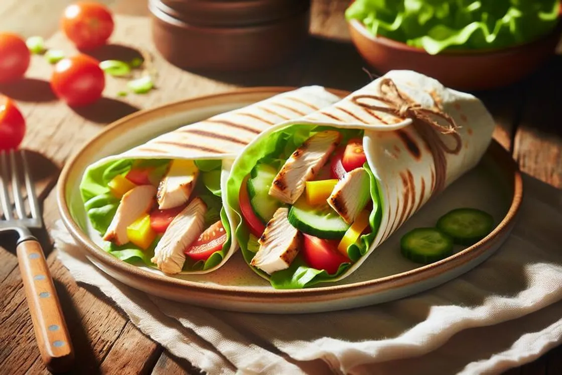Salatblätter gefüllt mit cremigem Hähnchensalat und Gemüse