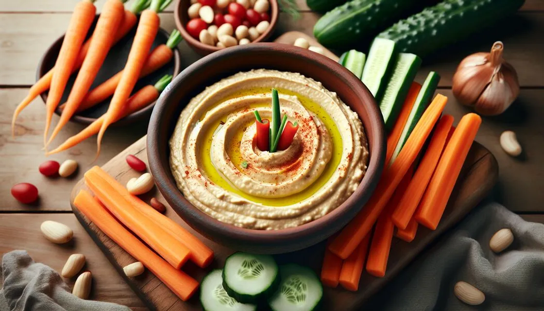 Schale cremiger Hummus mit Olivenöl, Paprikapulver und Gemüsesticks