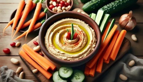 Schale cremiger Hummus mit Olivenöl, Paprikapulver und Gemüsesticks
