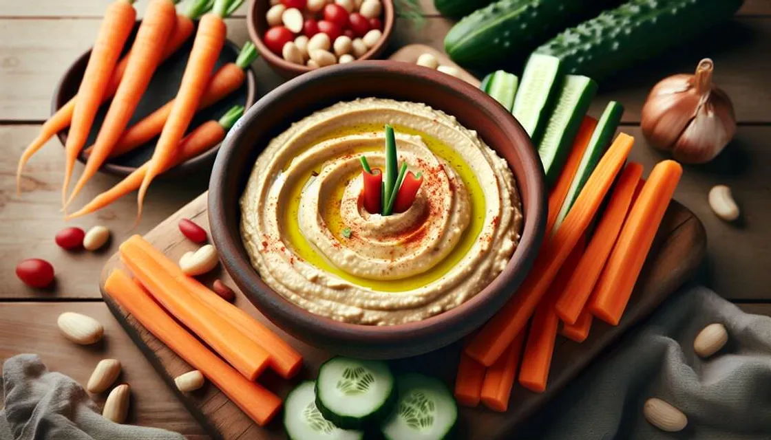 Schale cremiger Hummus mit Olivenöl, Paprikapulver und Gemüsesticks