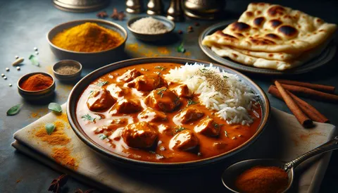 Butter Chicken in cremiger oranger Sauce mit Koriander und Reis
