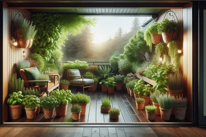 Kräuter in Kästen und Töpfen auf einem sonnigen Balkon