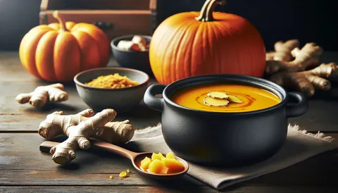 Teller cremige orange Kürbissuppe mit Kürbiskernen und einem Klecks Sahne