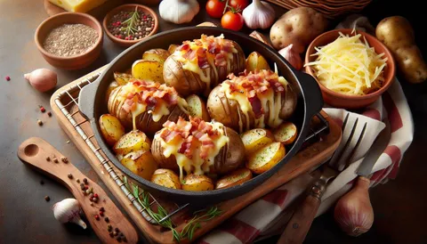 Ofenkartoffeln mit geschmolzenem Käse und knusprigem Speck