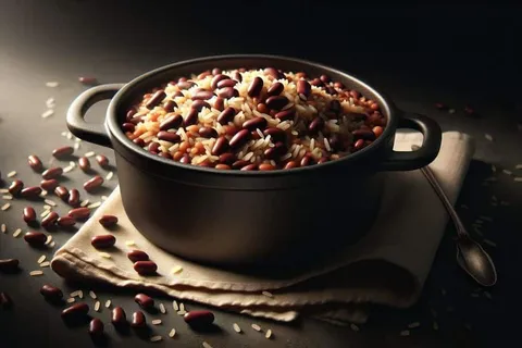 Topf mit One-Pot-Reis mit schwarzen Bohnen, Mais und Paprika