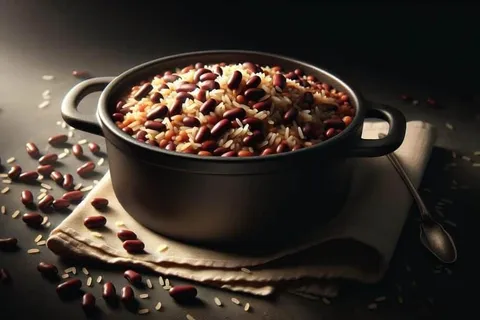 Topf mit One-Pot-Reis mit schwarzen Bohnen, Mais und Paprika
