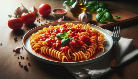 Teller Pasta mit roter Tomatensauce, Basilikum und Parmesan