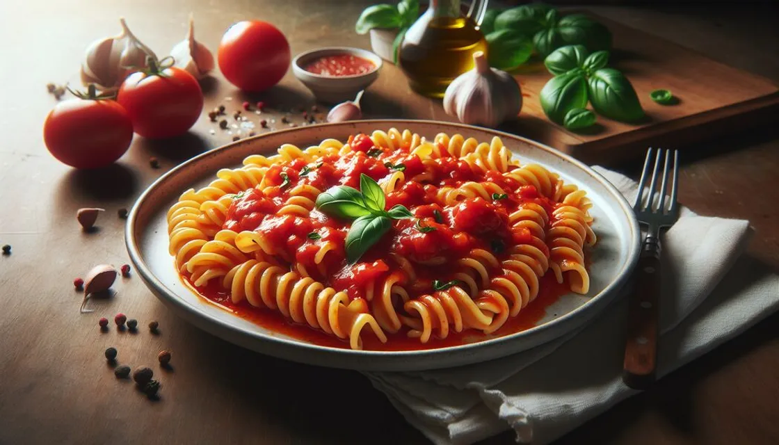 Teller Pasta mit roter Tomatensauce, Basilikum und Parmesan