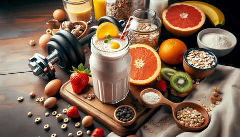 Proteinshake im Glas mit Beeren und Haferflocken