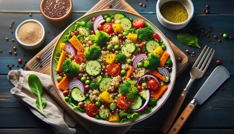 Bunter Quinoa-Salat mit Gurke, Tomaten, Paprika und Kräutern