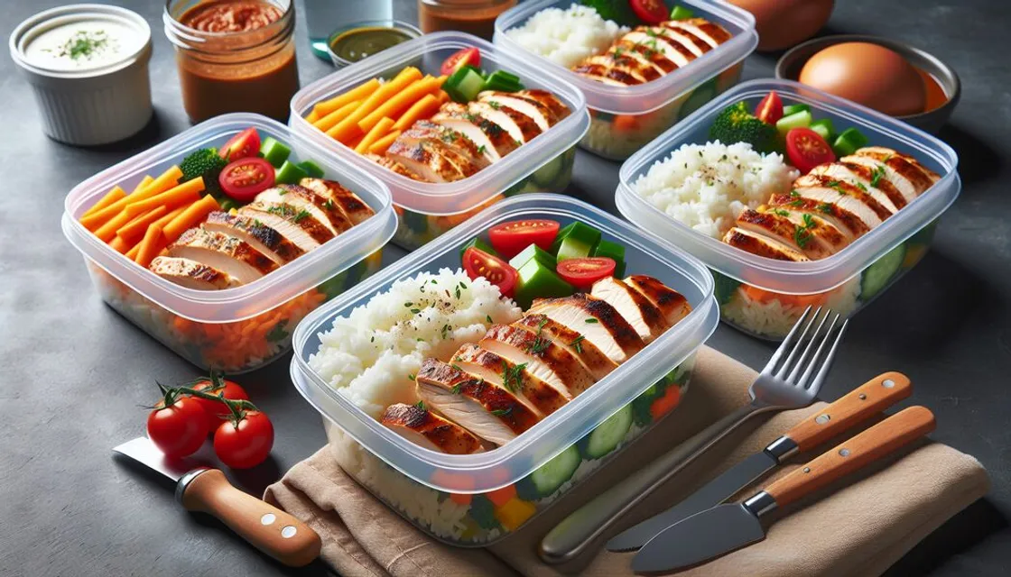 Meal-Prep-Bowls mit Hähnchen, Reis, Brokkoli und Paprika
