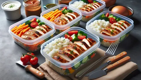 Meal-Prep-Bowls mit Hähnchen, Reis, Brokkoli und Paprika