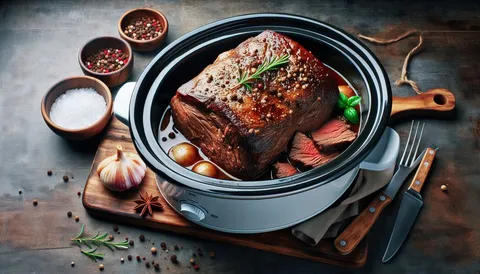 Aufgeschnittener Rinderschmorbraten mit dunkler Sauce und Gemüse