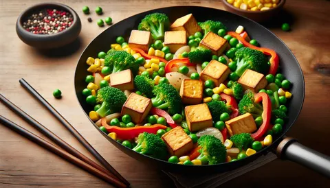 Tofu-Stir-Fry mit Paprika, Brokkoli und Sesam in der Pfanne