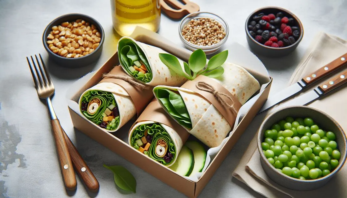 Aufgeschnittene vegetarische Wraps mit Gemüse und Hummus