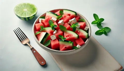 Wassermelonen-Feta-Salat mit Minzblättern und roten Zwiebeln auf einem Teller