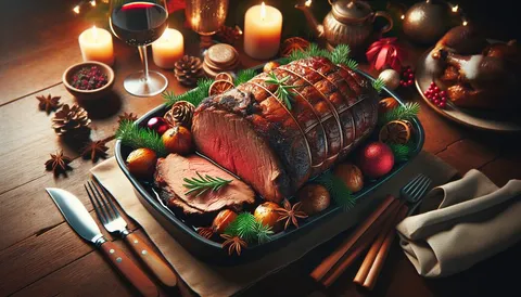 Weihnachtsbraten mit knuspriger Kruste, aufgeschnitten mit Sauce