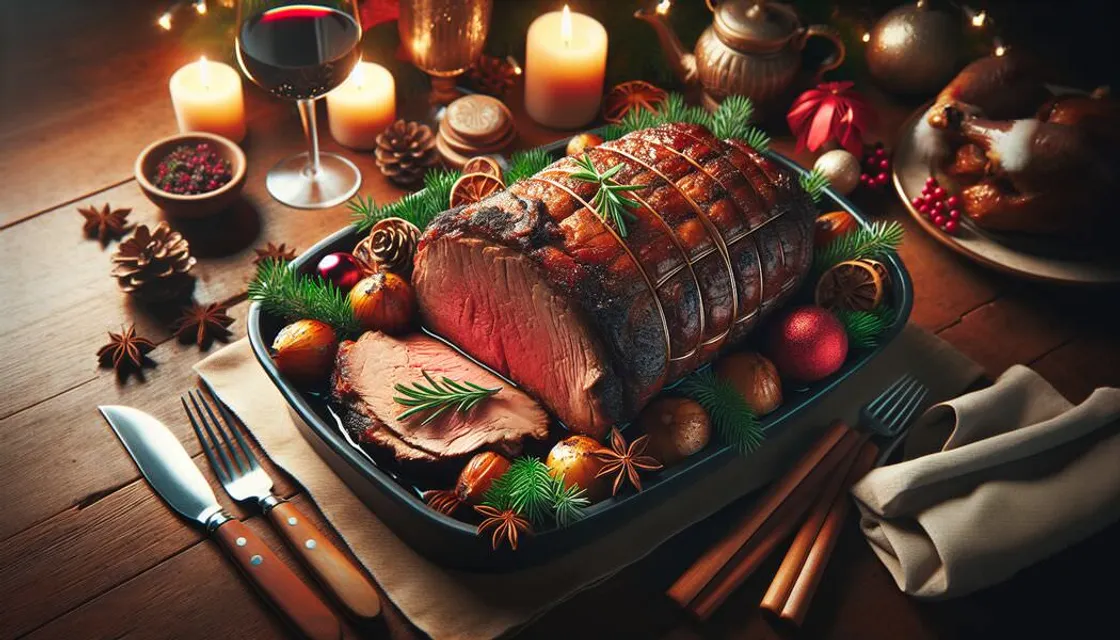 Weihnachtsbraten mit knuspriger Kruste, aufgeschnitten mit Sauce