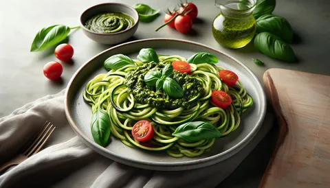 Zucchini-Nudeln mit grünem Pesto und Kirschtomaten