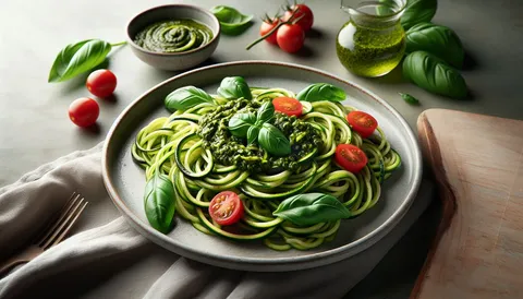 Zucchini-Nudeln mit grünem Pesto und Kirschtomaten